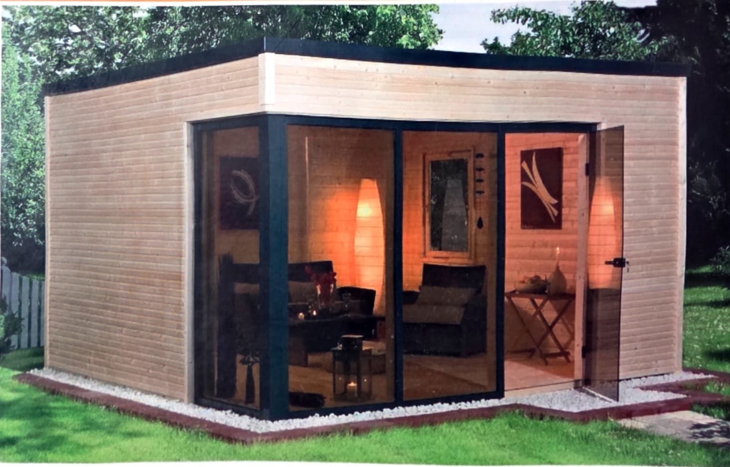 Bureau de jardin en bois avec baies vitrées — chalet de jardin