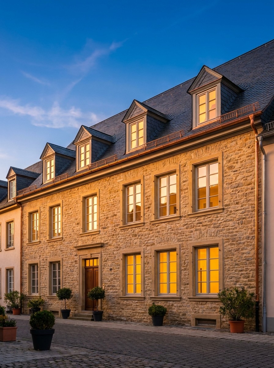 Belle maison en pierre avec toiture ardoise neuve à l'heure dorée